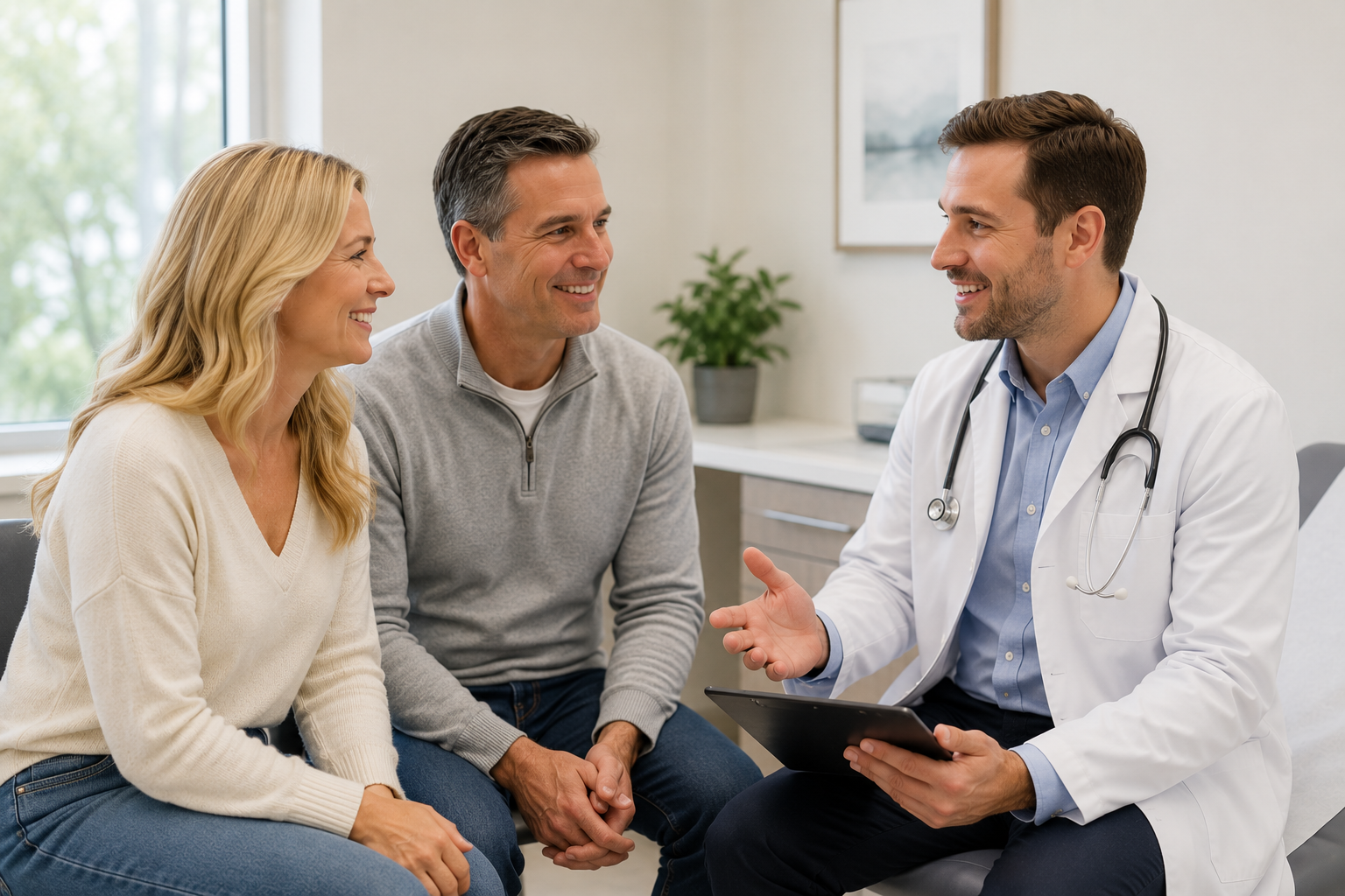 Doctor talking with a couple in an exam room